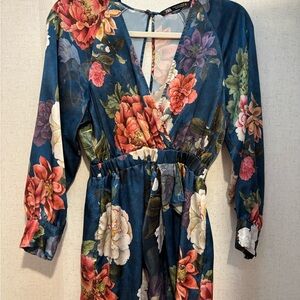Zara Floral Romper XS Blue Teal Long Sleeve Deep V Open Back Boho